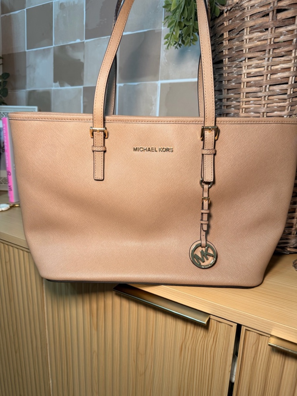 Michael Kors Tan Saffiano Leather Tote with Gold Hardware
